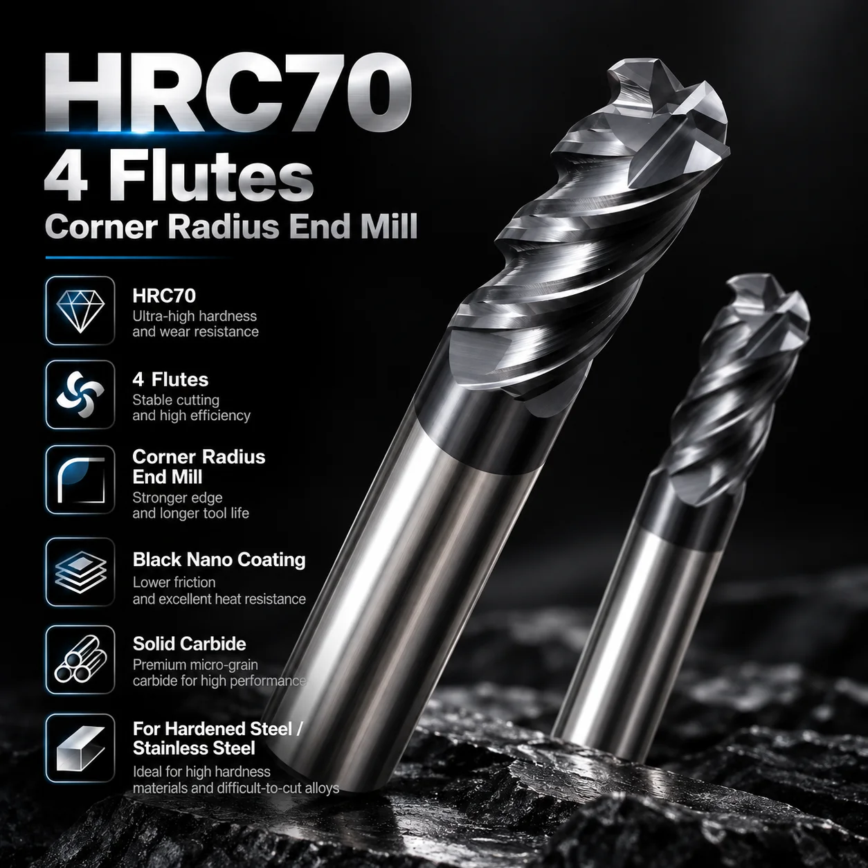 HRC70 4-Schneiden Bull Nose Vollhartmetallfräser Schwarz Nano-Beschichtet Verlängertes CNC-Werkzeug für Präzisionsbearbeitung von gehärteten Stahlformen – Detail 3