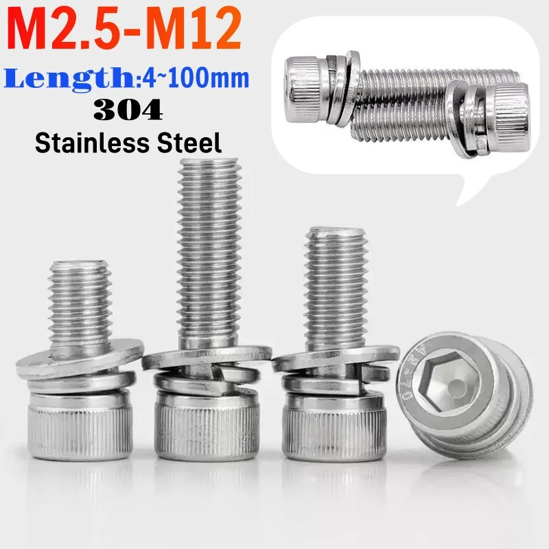 Allen Cap Head Screws 304 Stainless Steel Hex Socket Cap Head SEM Screws With Flat Washer Spring Gasket Assemble Bolts M2.5-M6