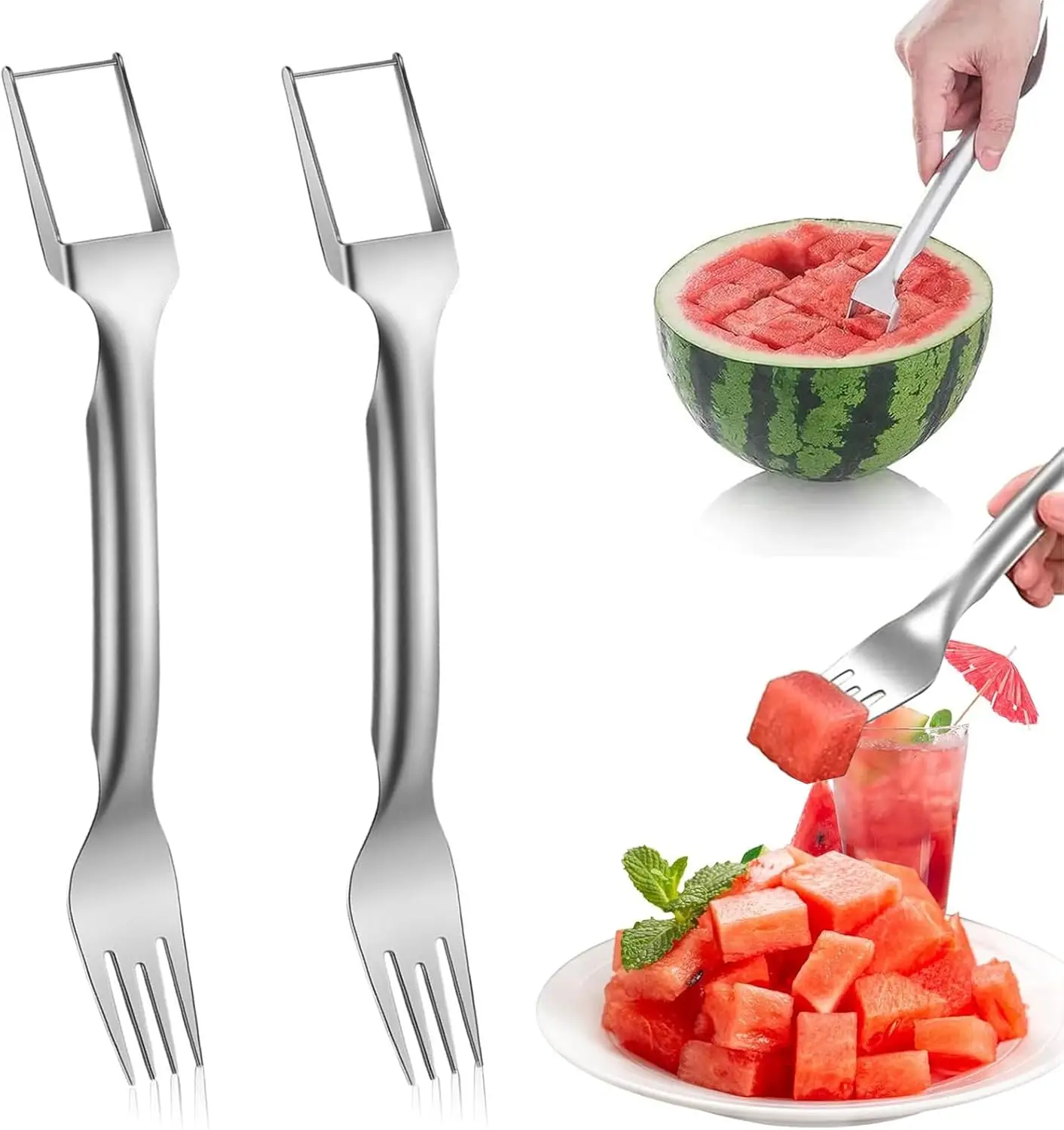 2 Pcs 2-in-1 Watermelon Fork  Slicer Tool, 2024 New Summer Watermelon Slicer  Fruit Cutting Fork, Stainless Steel Dual Head Frui