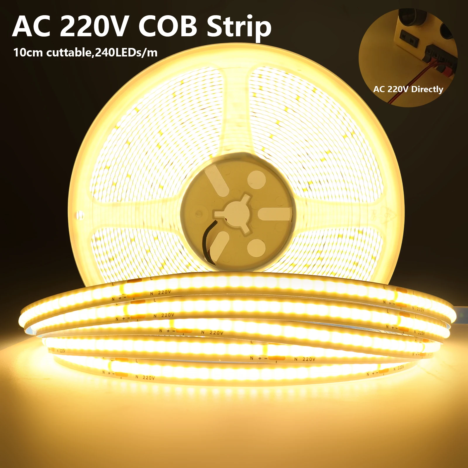 tira led cob 220V Dimmable 240LEDs/m High Brightness 10cm Cuttable Flexible Lamp Ribbon Natural Warm White COB LED Strip 5m 10m