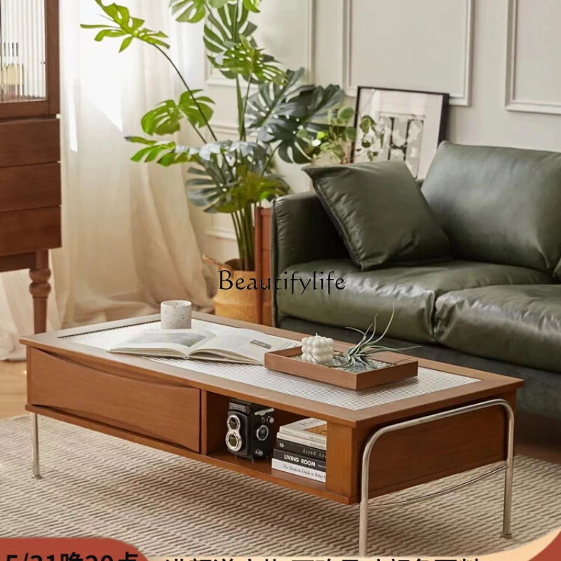 

Nordic Retro Solid Wood Tea Table Japanese Style Simple Stainless Steel Rectangular Storage Tea Table