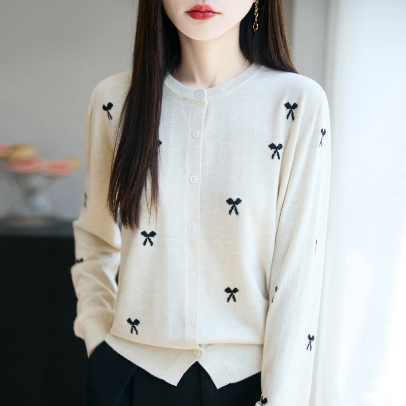 Autumn New Women's 30% Merino Wool Cardigan Color Contrast Sweater Bow Knot O‑Neck Long Sleeve Soft Warm Casual Knit Top 4