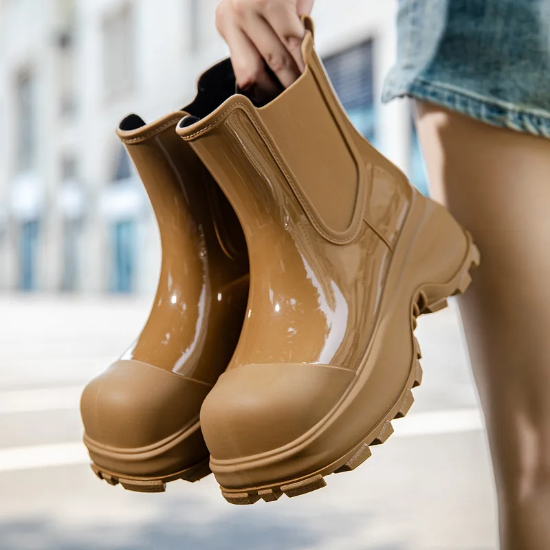 Thick-soled Heightening Rain Boots for Women Short-tube Non-slip Wear-resistant Water Boots Work Car Wash Plus Velvet Rain Boots