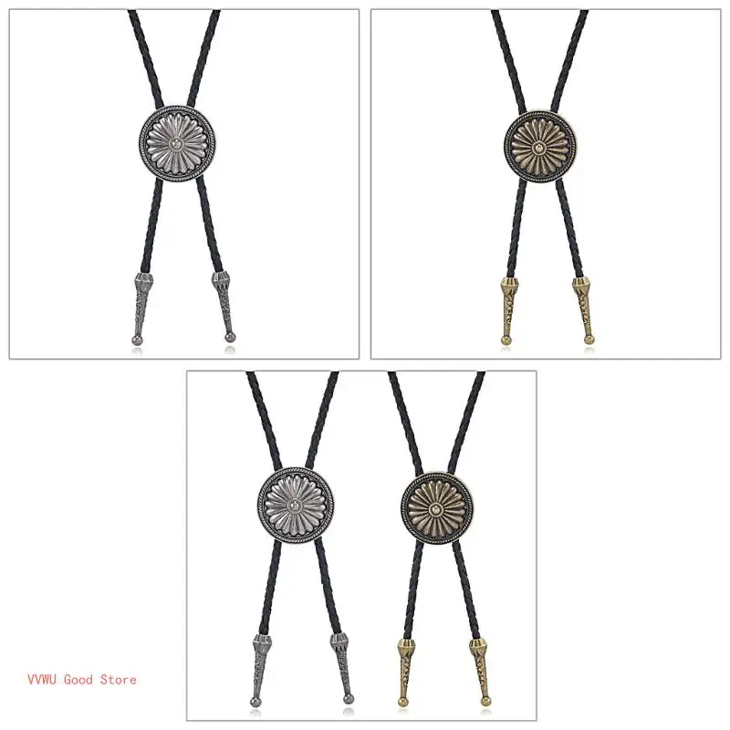 

Mens Metal Round Flower Pendant Cowboy Bolo Tie Western Artificial Leather Rope Necktie Jewelry Shirt Chain Necklace