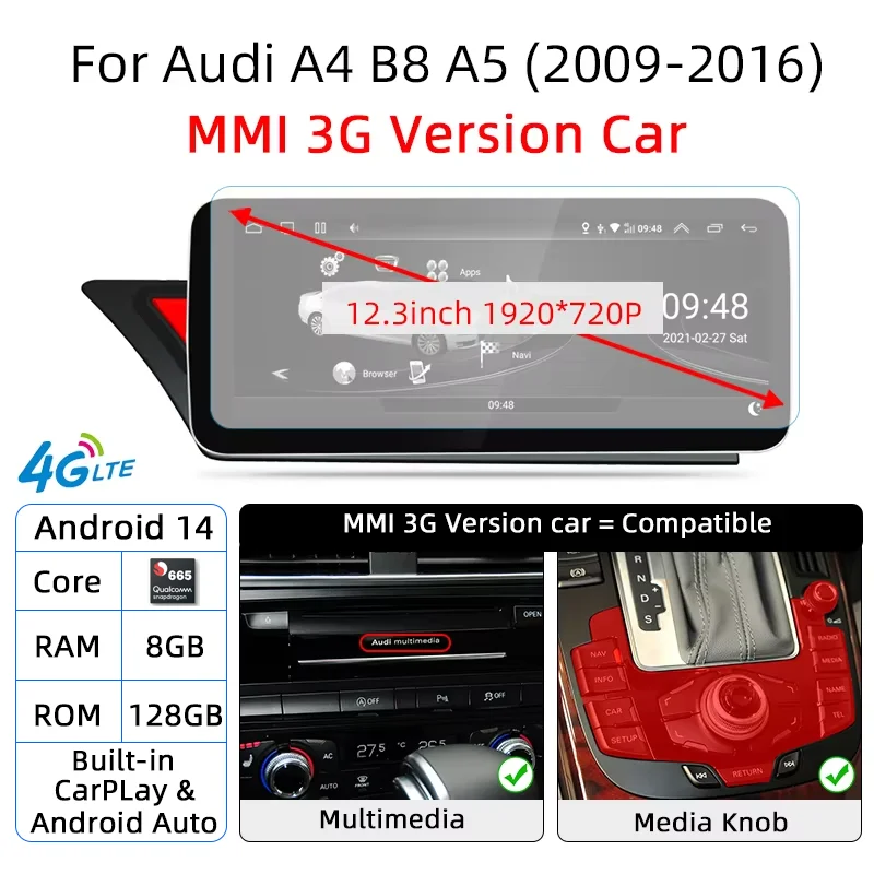 Android 14 Auto CarPlay Draadloze Voor Audi A4 B8 A5 8K 2008 ~ 2016 MMI Auto Multimedia Speler GPS WiFi DSP