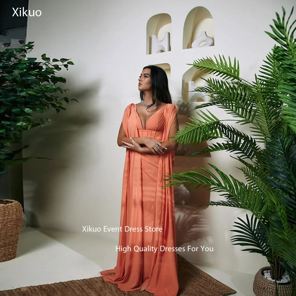 

Xikuo Deep V Neck Chiffon Evening Dresses Elegant Pleated Vestidos De Gala A Line Draped Ribbons Chic Prom Dresses Customized