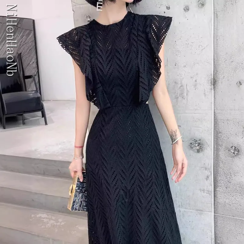 エレガントなレーススプライシング刺繍イブニングドレス女性のノースリーブ中空ソリッドロングウェディングパーティードレス