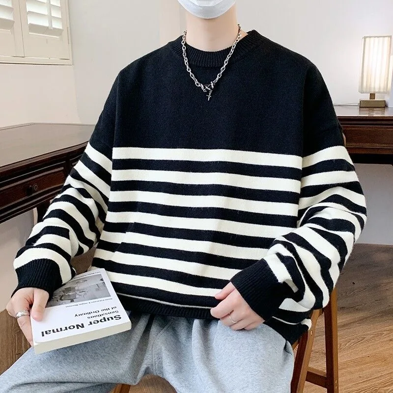 Men Black White Striped Crew Neck Sweater Oversized Loose Long Sleeve Knit Pullover Korean Streetwear Casual Daily Knit Top for