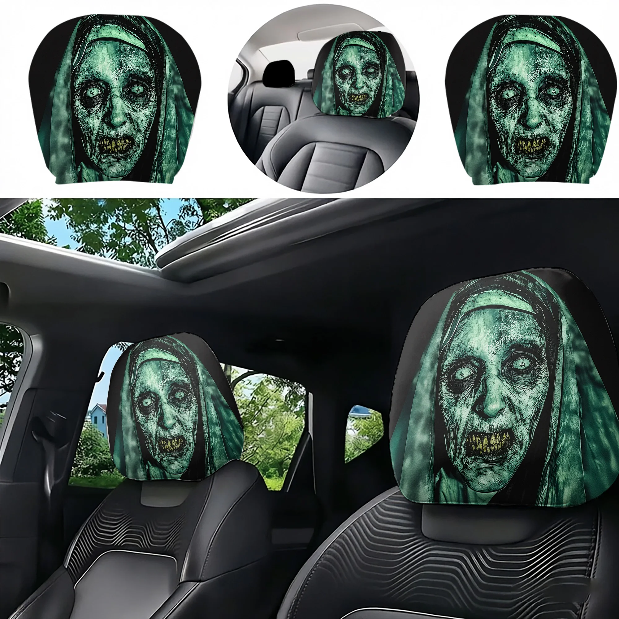 2pcs Spooky Nun-Patterned Car Headrest Covers—add a terrifying atmosphere to your car’s interior. Filling not included. Easy to