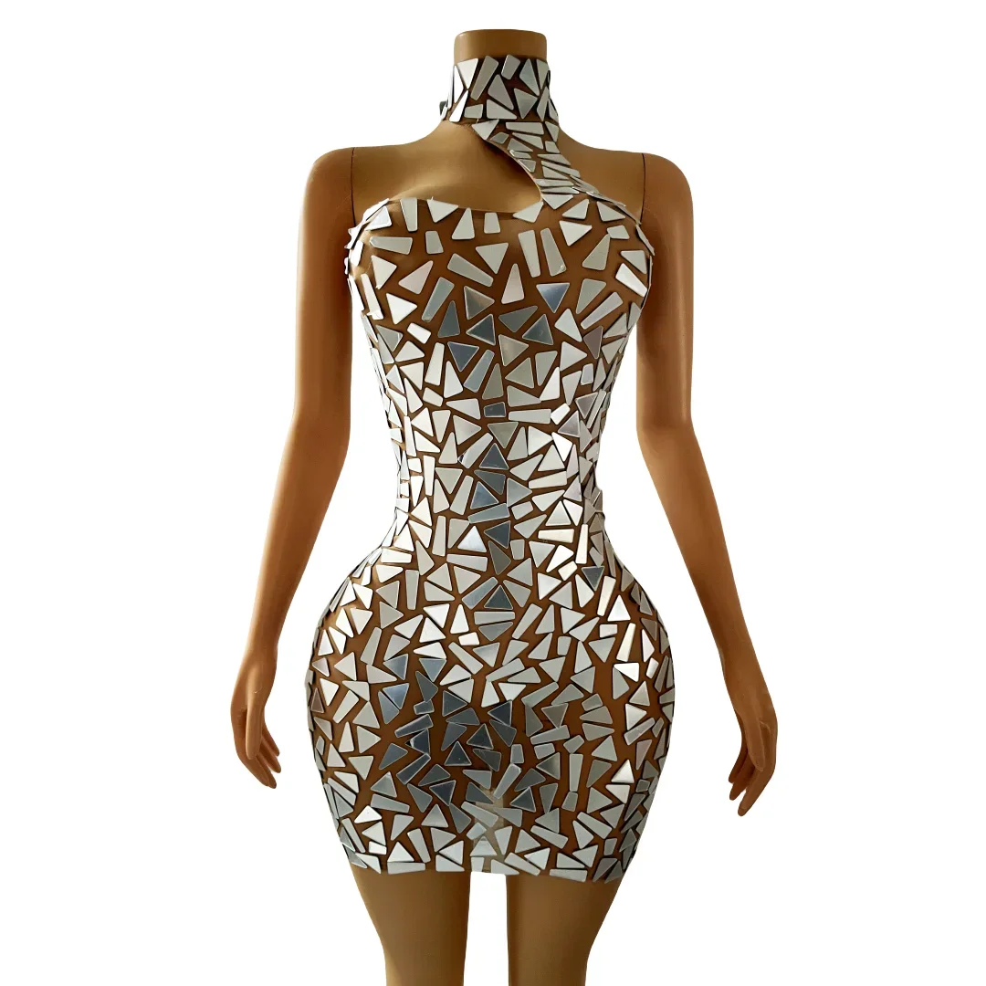 

Sexy Stretch Costume Outfit Designed Shining Silver Mirrors Sleeveless Birthday Celebrate Transparent MIni Dress