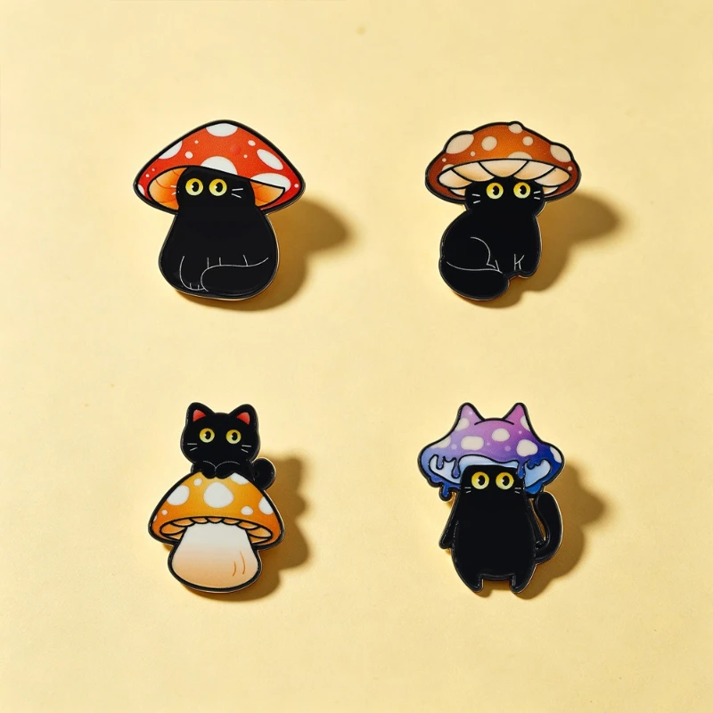 Cartoon Mushroom Black Cat Enamel Brooch Cute Animal Badge Metal Gift Pin DIY Clothing Bags Hat Scarf T-shirt Jeans Accessories