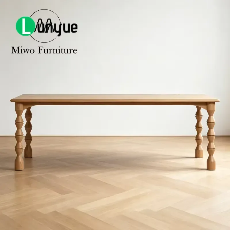 Modern Rustic French Style Solid Wood Dining Table and Chairs Set with Rectangular Top and Roman Column Legs for Home Kitchen