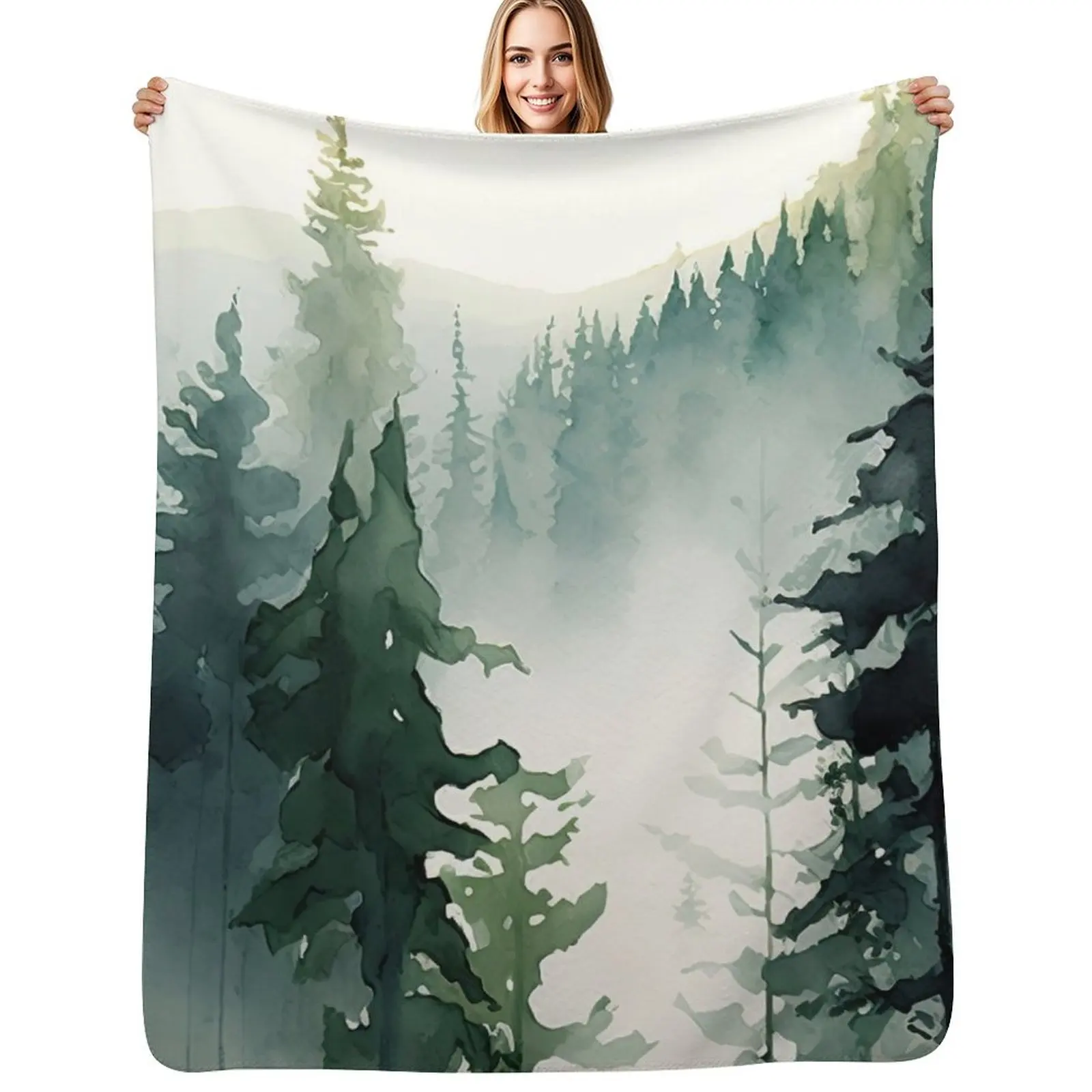 

Foggy Green Forest Abstract Watercolor Throw Blanket Long Lasting Soft Plush Blanket for Daily Use