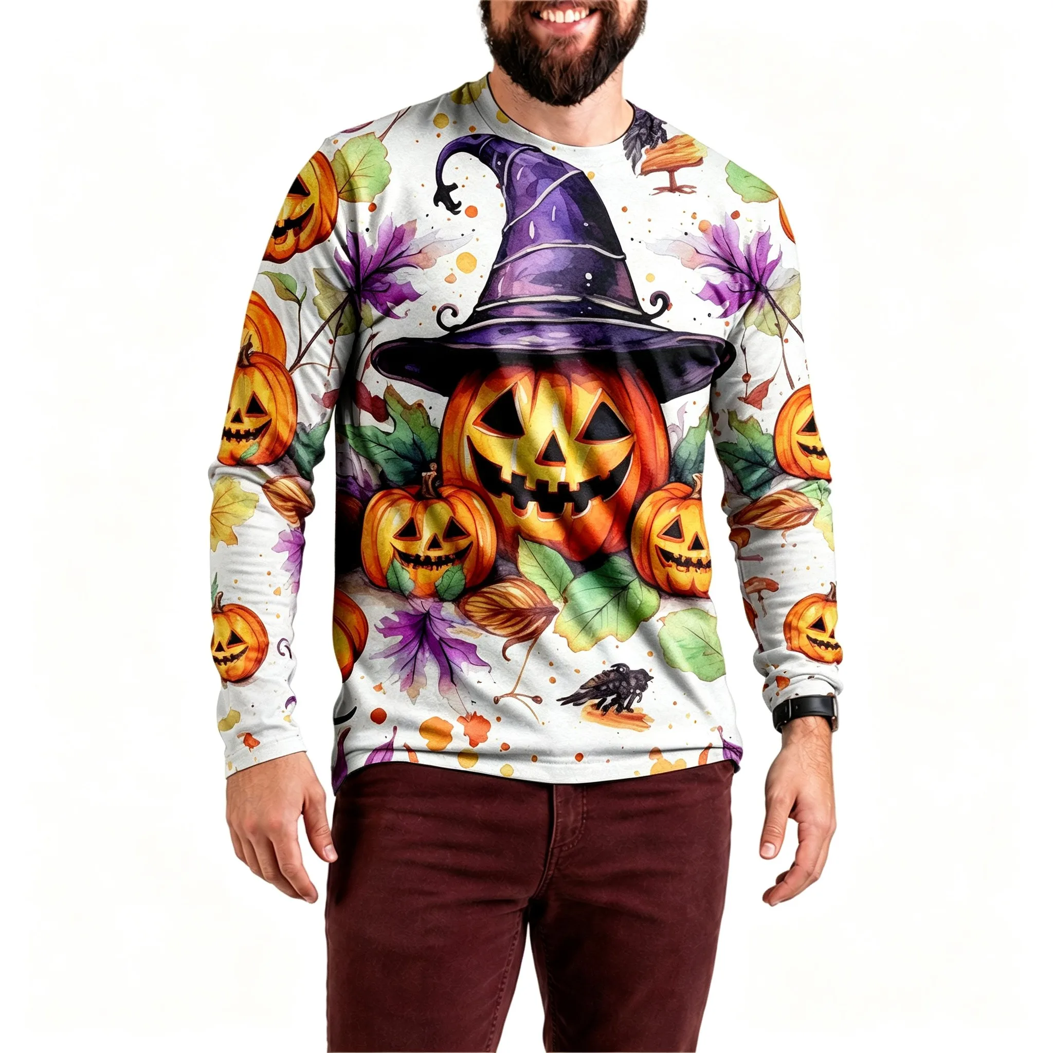 Men Halloween Witch Hat Pumpkin Print Long Sleeve Shirt Crow Autumn Leaf Graphic Crew Neck Top Holiday Casual Pullover Tees