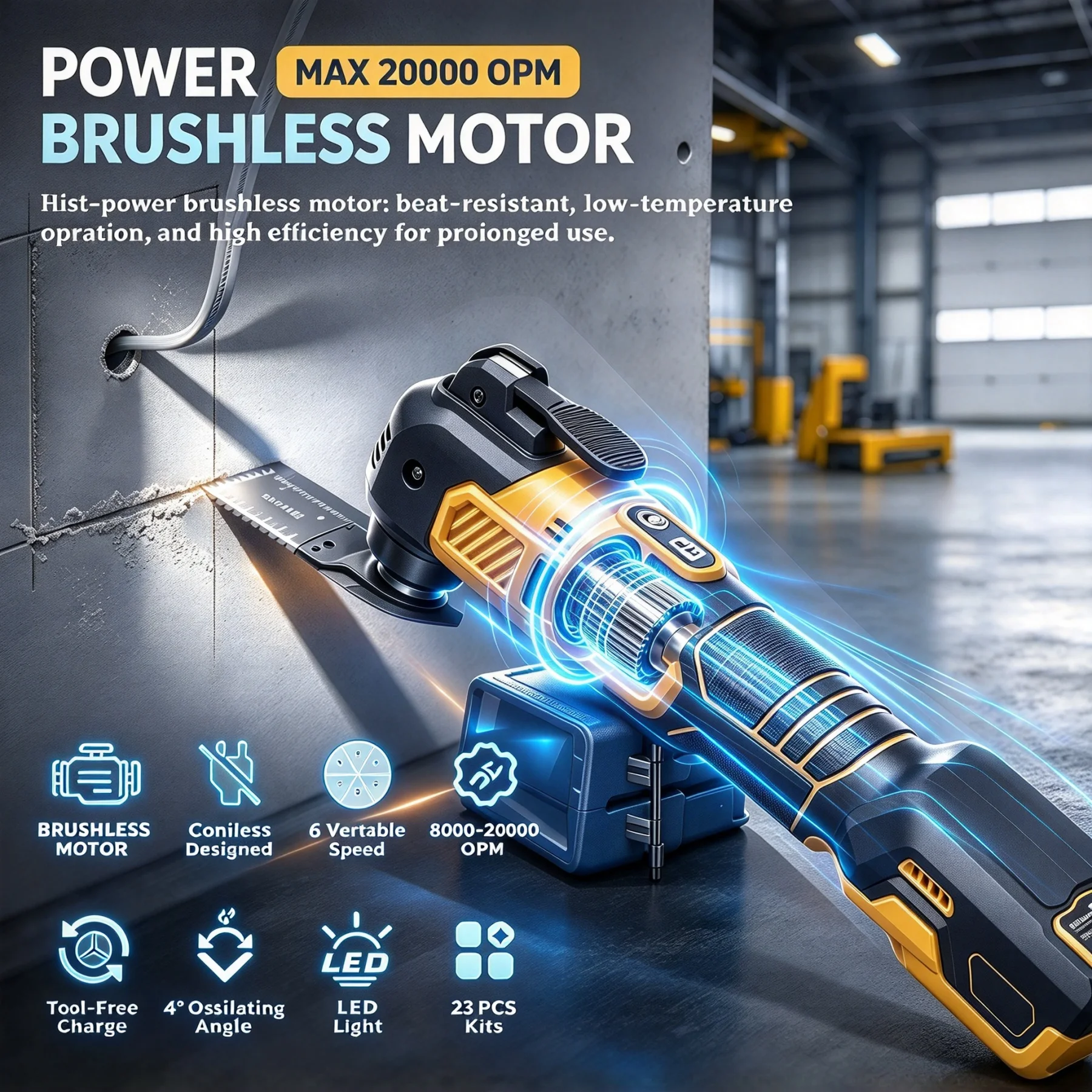 Brushless Oscillating Multi-Tool, 2×4.0Ah Li-ion Batteries Included, 4° Oscillation Angle, 6 Variable Speeds, Tool-Free Blade Change, for Sanding, Cutting, Scraping & Grinding