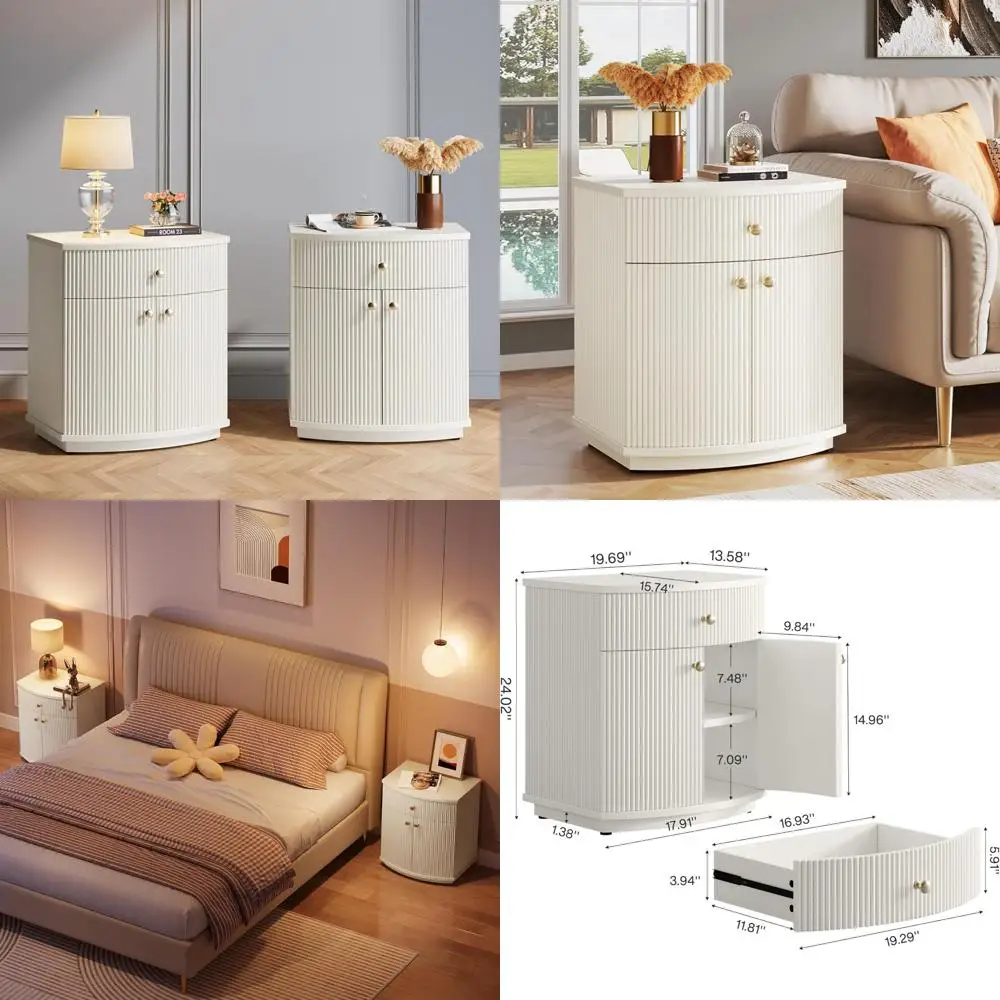 pair of white fluted nightstands, contemporary bedside tables with storage drawer and cabinet, accent sofa couch end table furni