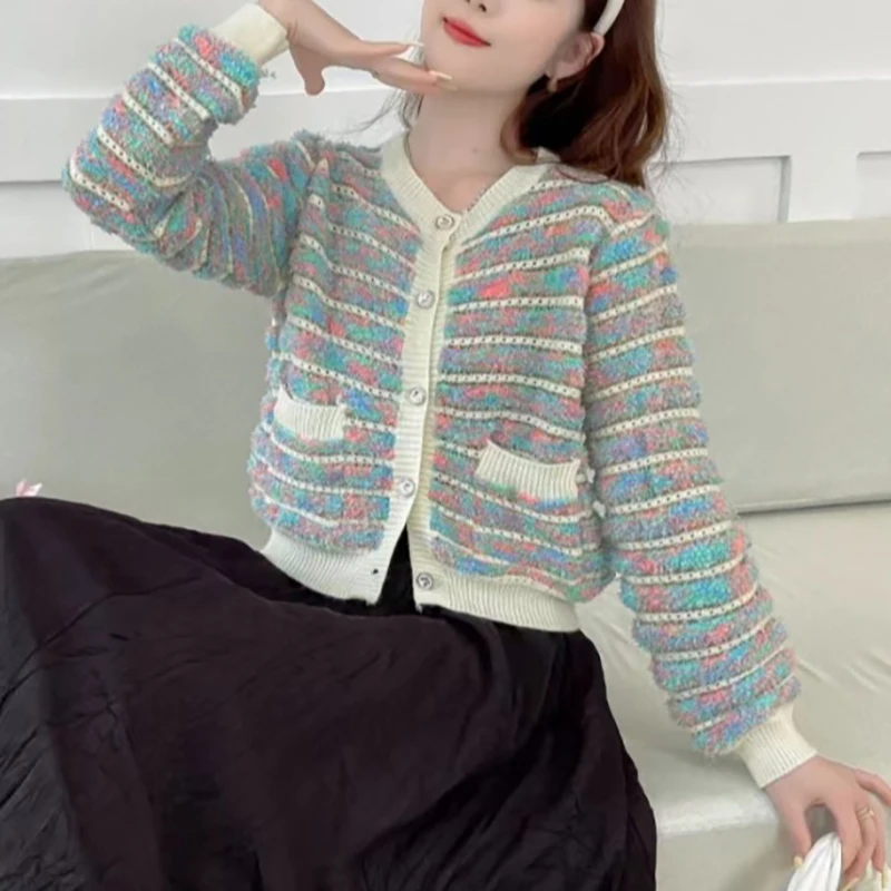 Autumn Winter Striped Long Sleeved Sweater For Women 2024 New Sweet Round Neck Knitted Cardigan Chic Contrast Color Loose Coat