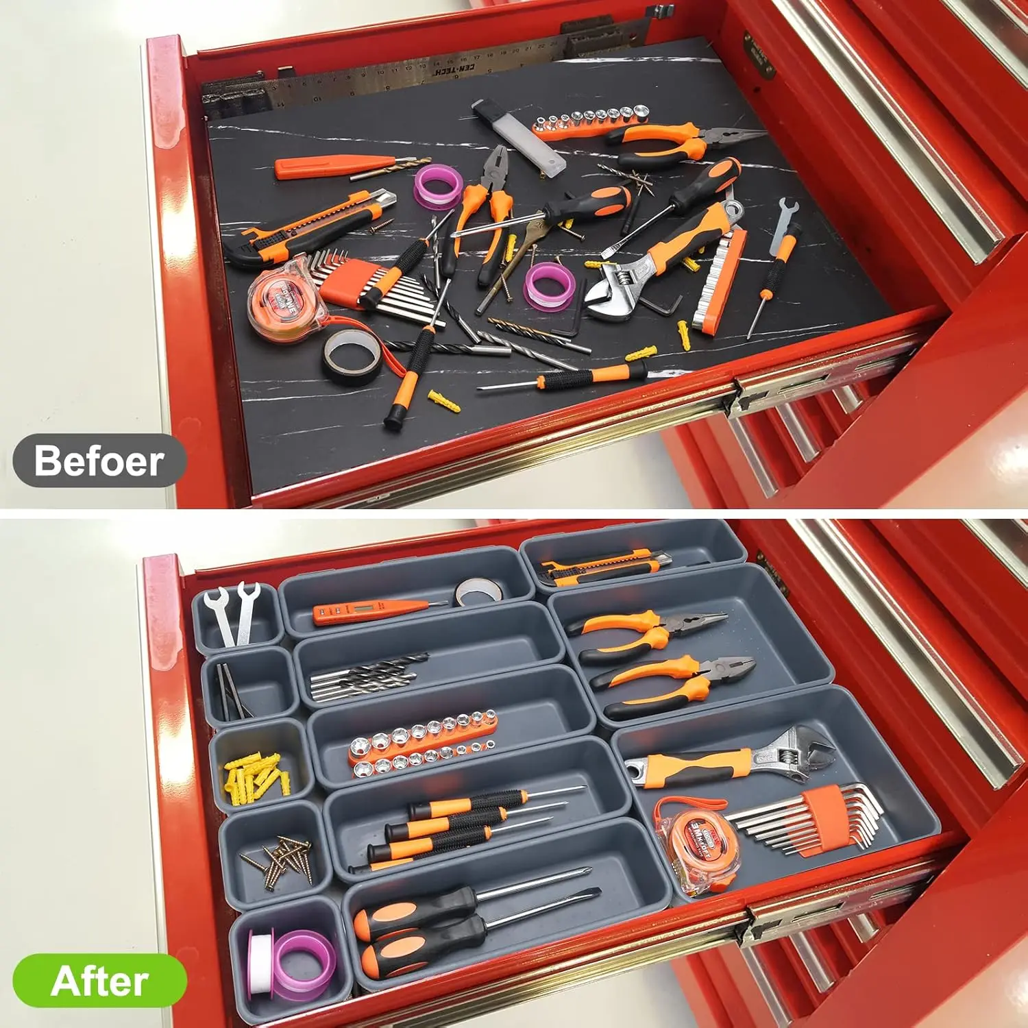 67-9PCS Tool Box Organizer Drawer Dividers Tray for Tool Chest Cabinet, Hardware Parts Screws Nuts Small Tools Storage