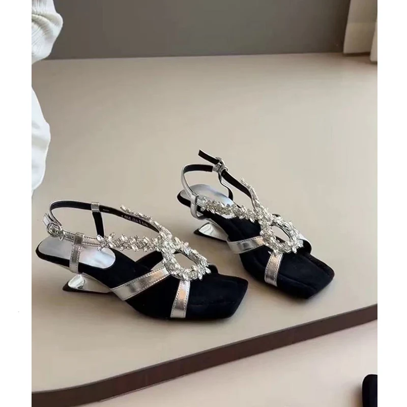 Comfortable Diamond Women's Sandals Roman Style Slip-On Anti-Slip Fashionable Chunky Heel Open-Toe PU Lined Summer Shoes