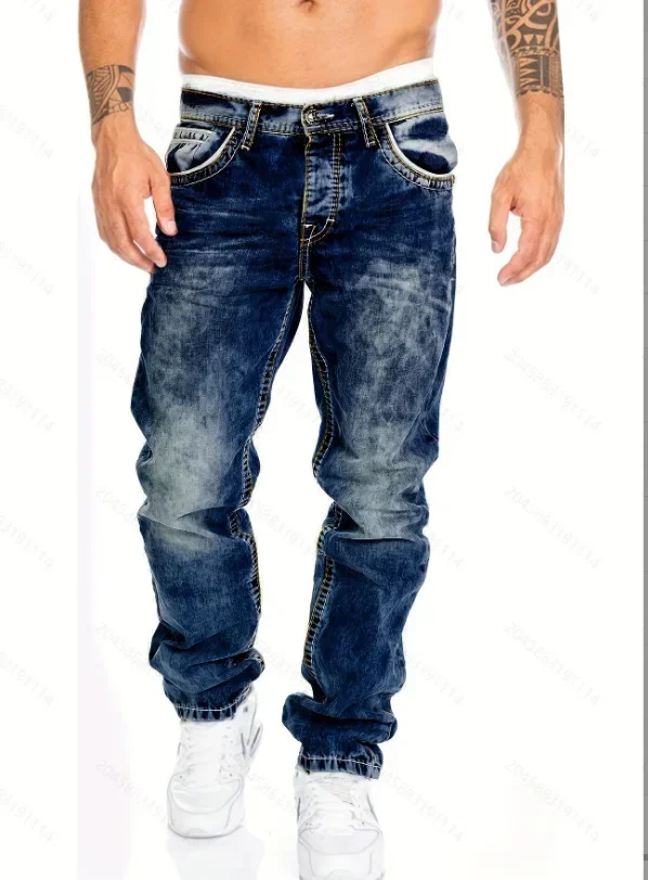 Celana Lurus Tertekan Jeans Pria Saku Denim Gaya Punk Panjang Pergelangan Kaki Pinggang Tengah Cuci Slim Fit Ritsleting Terbang Kurus Antik