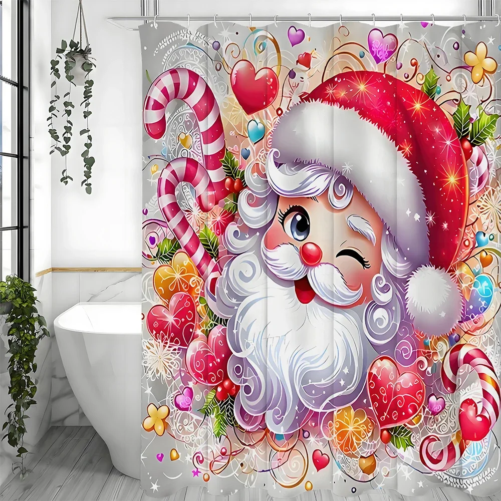 

"Fun Christmas Santa Shower Curtain – Cartoon Santa with Candy Canes & Hearts, Festive Holiday Decor, Waterproof Fabric"