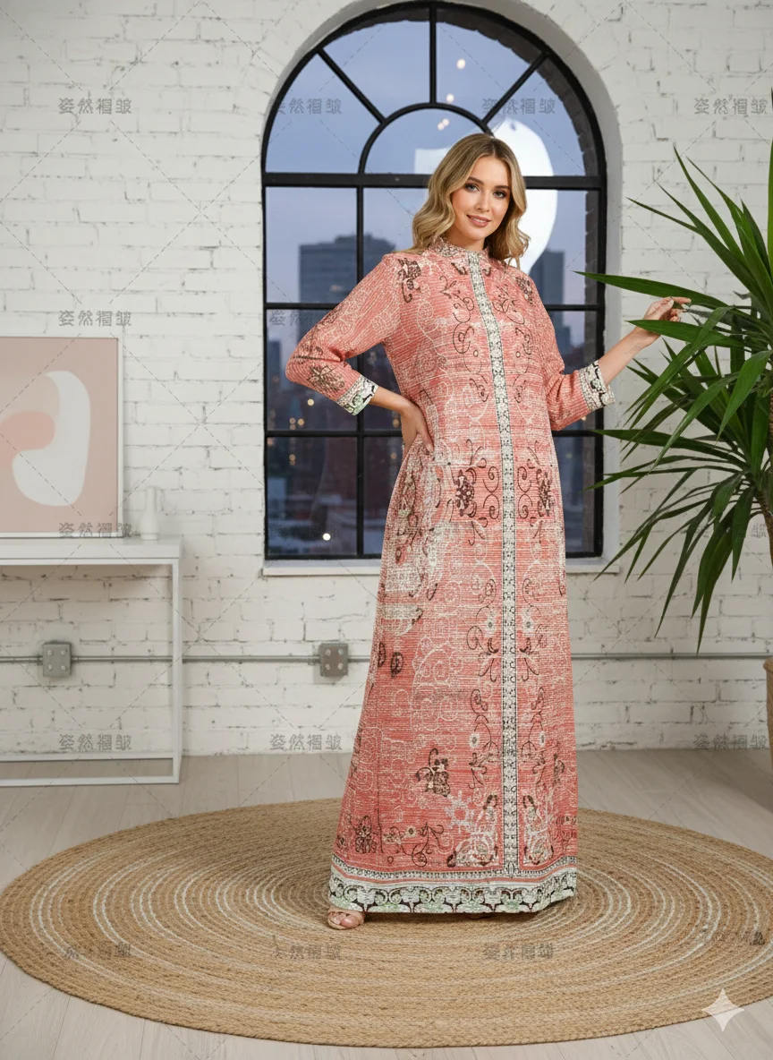 

Miyake Pleated New Arab Middle East Clothing Women's Printed Plus Size Fashion Dress Saudi Arabia Pilgrimage Robe Pleated