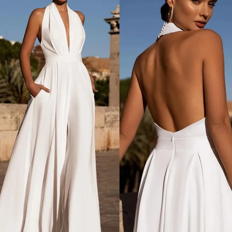 Mono elegante de fiesta con corsé para mujer Y2K, pantalones de pierna ancha holgados con espalda descubierta y cuello Halter, pantalones Palazzo, pelele de una pieza para celebridades