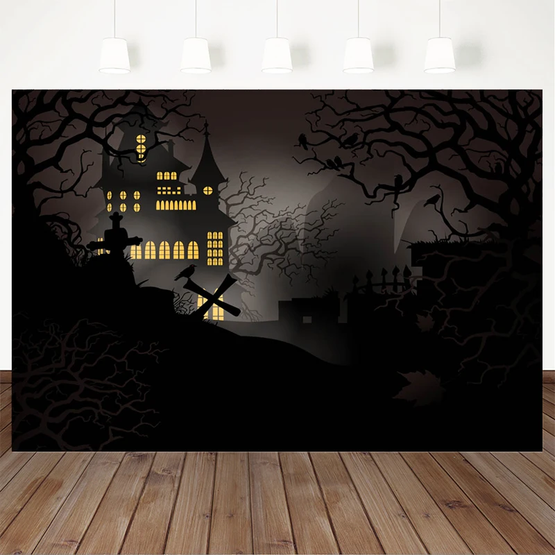 Mocsicka Halloween Retro Background Photography Horror Castle Black Ground Birds Cross Tomb Decor Backdrops Leaves Photo Studio