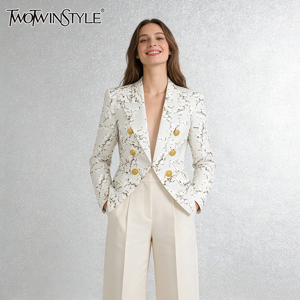 

Блейзер TWOTWINSTYLE белого цвета с цветочным принтом для женщин, с отложным воротником, двойными золотыми пуговицами, приталенный, для роскошных деловых мероприятий