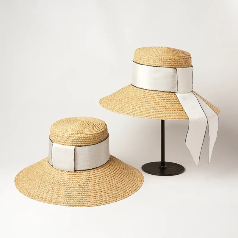 

X449 New Simple Flat Top Hat Wide Brim Raffia Straw Cap Basin Hat Belt Decoration with Sun Shading Straw Hat Panama Hat