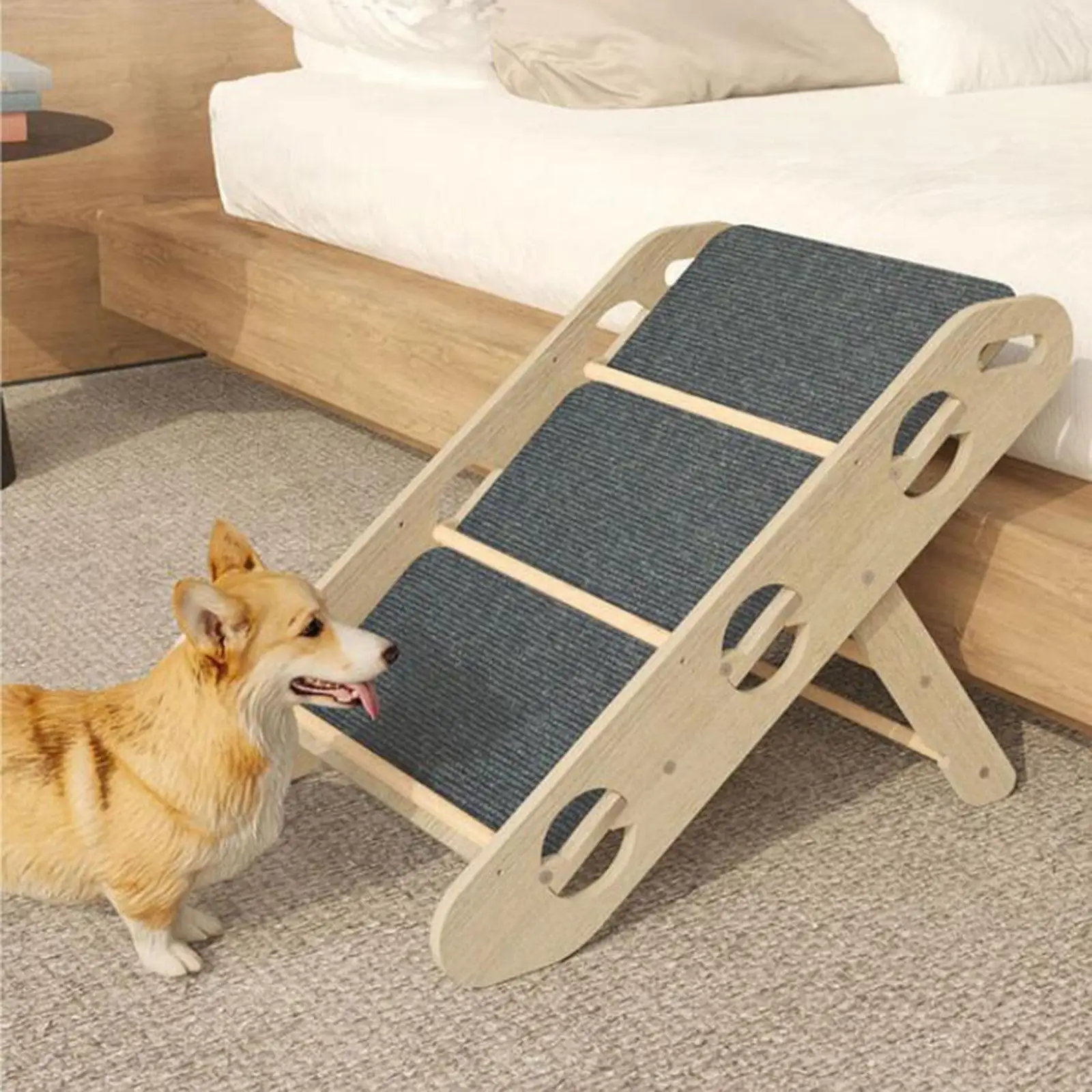 Wood Pet Stairs Foldable Non Slip Pet Steps Indoor Extra Wide Carpeted 3 Tiers for Indoor Use Dogs Injured Cats Sofa Small Pets