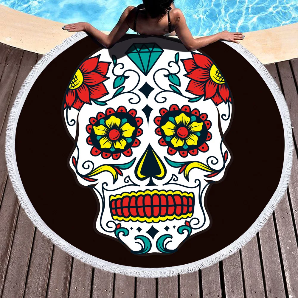 Towel Beach Towel Shawl Fast Drying Swimming Gym Camping Big Round Beach Towel Lovers Skull 3D Printed Beach Towel