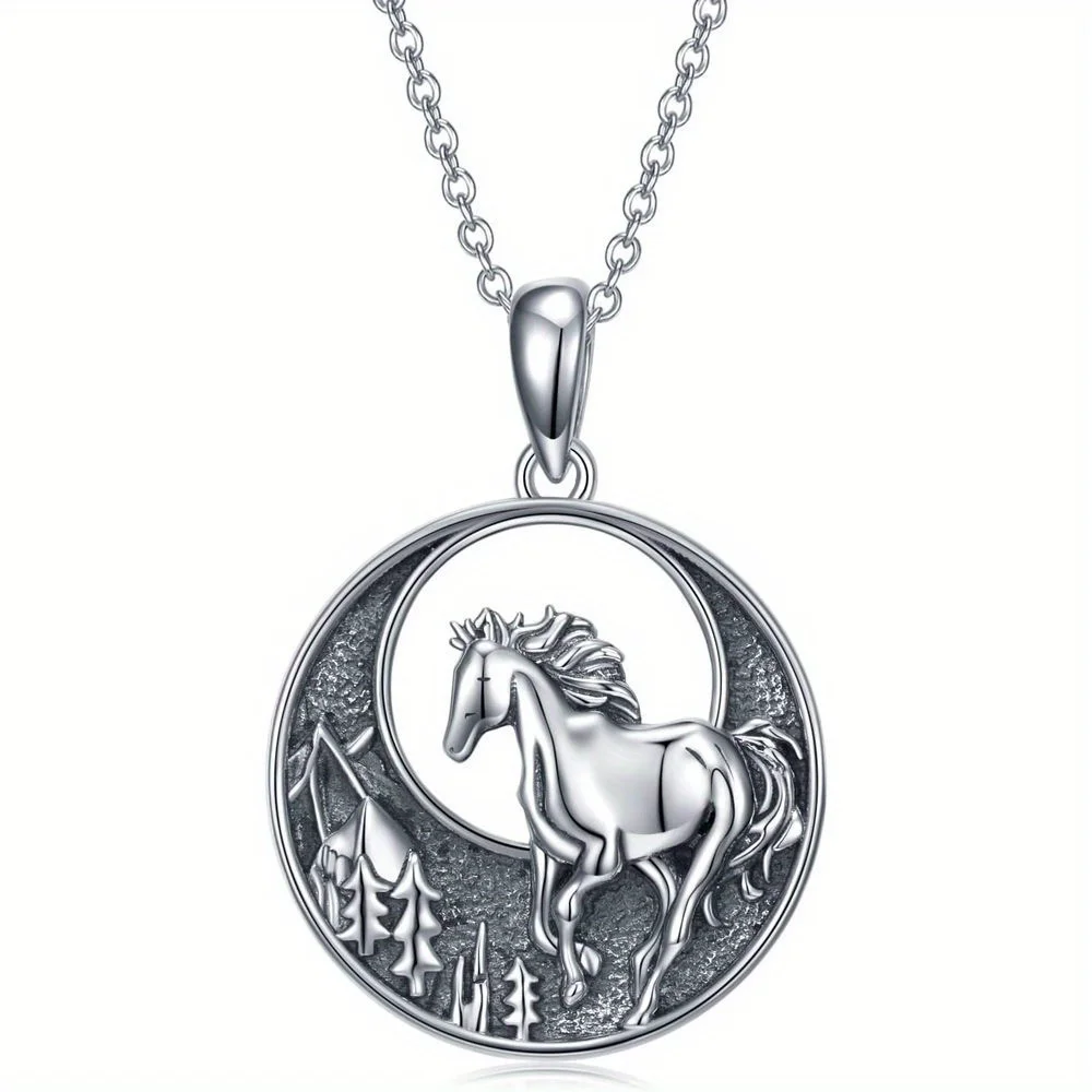 Forest and Horse Detail Round Pendant Necklace Exquisite New Year Party AnniversaryGift for Animal LoversAnniversarGifts Jewelry