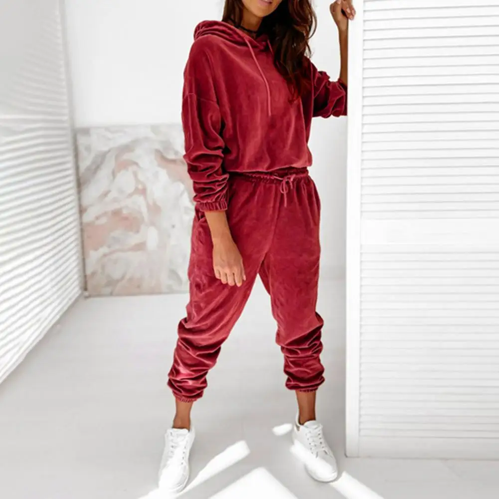 2 Pcs/Set Stylish Women Hoodie Sweatpants Set Soft Hoodie Pants Set Drawstring Keep Warm Pure Color Fall Tracksuit