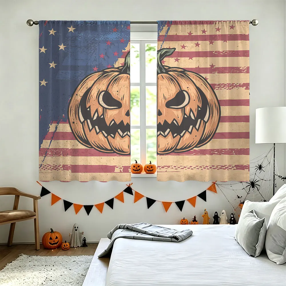 90G Rod Pocket Curtains 2 Panels Pumpkin Head American Flag Print Drapes Halloween Thanksgiving Curtains for Bedroom Living R