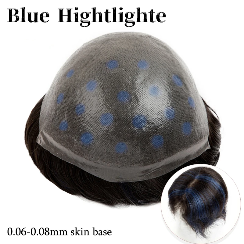 Blue Highlighted 0.06-0.08MM Skin Human Hair Wigs & Double Knotted Hair System For Man Fashion Natural Human Hair Wigs 6‘’ Wig