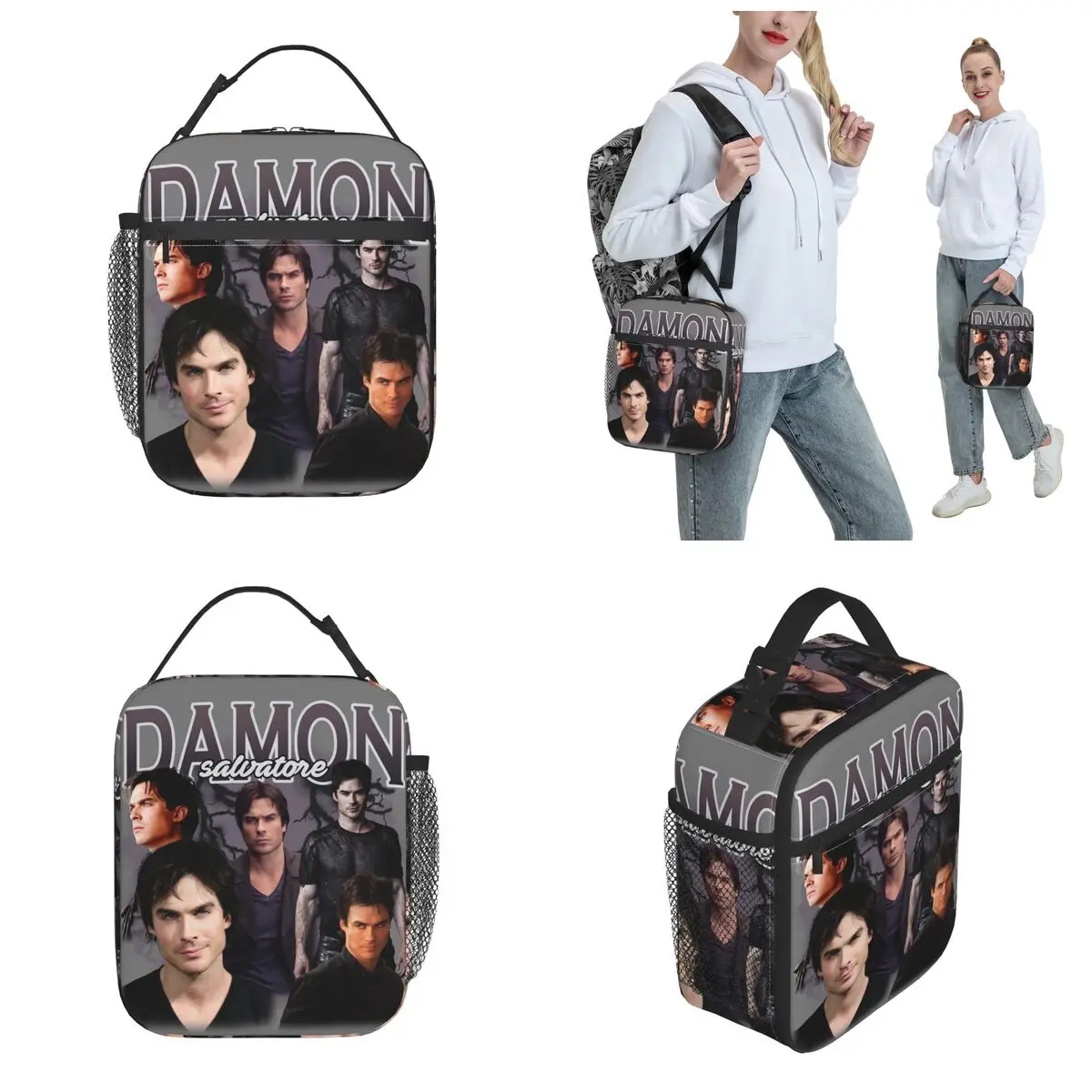 Damon Salvatore Insulated Lunch Bags Thermal Bag Reusable The Vampire Diaries Ian Somerhalder Tote Lunch Box Bento Pouch Outdoor