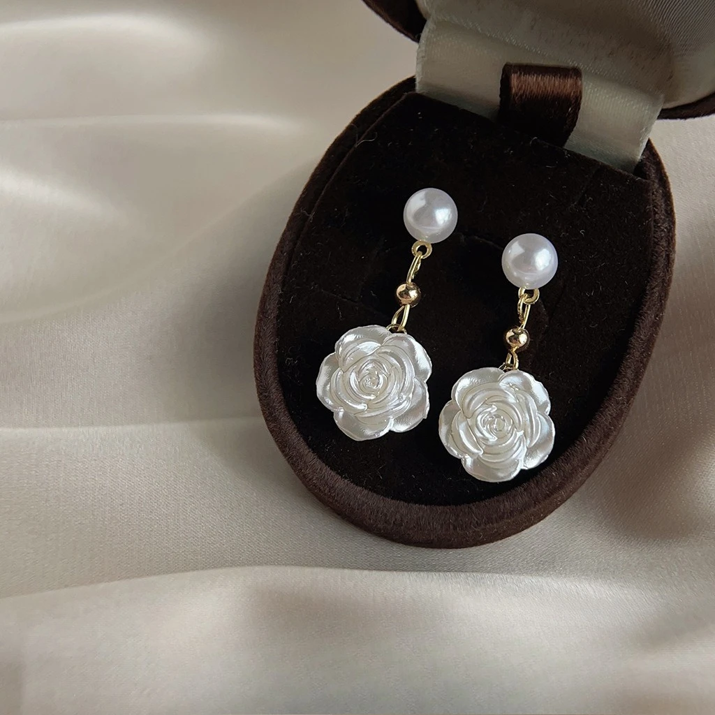 Pearl Flower Stud Earrings with Silver Plated Post Handmade Japanese Korean Sweet Design Lightweight Daily Camellia