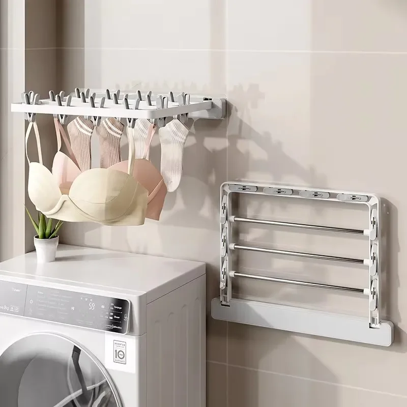 Folding Drying Rack Wall Mounted Clothes Hanger Drying Clip Windproof Sock Clip Multi Functional Towel Hanger Space Saving