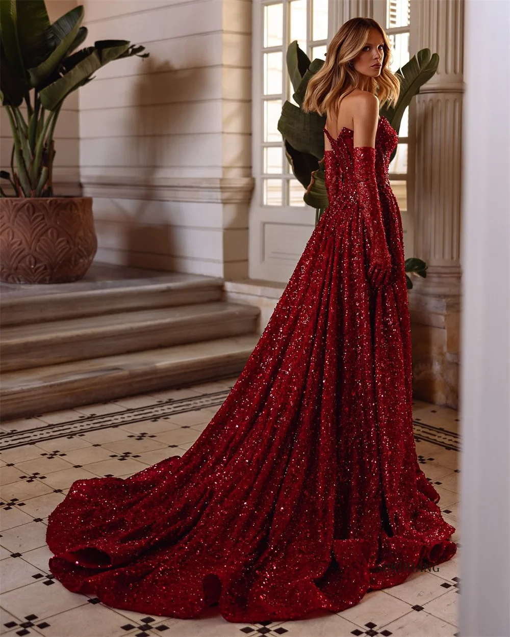 SUKUHANG رائجة البيع فساتين السهرة الحمراء قطار المحكمة ألف خط مطرز فساتين حفلة موسيقية دبي الفاخرة حسب الطلب #3