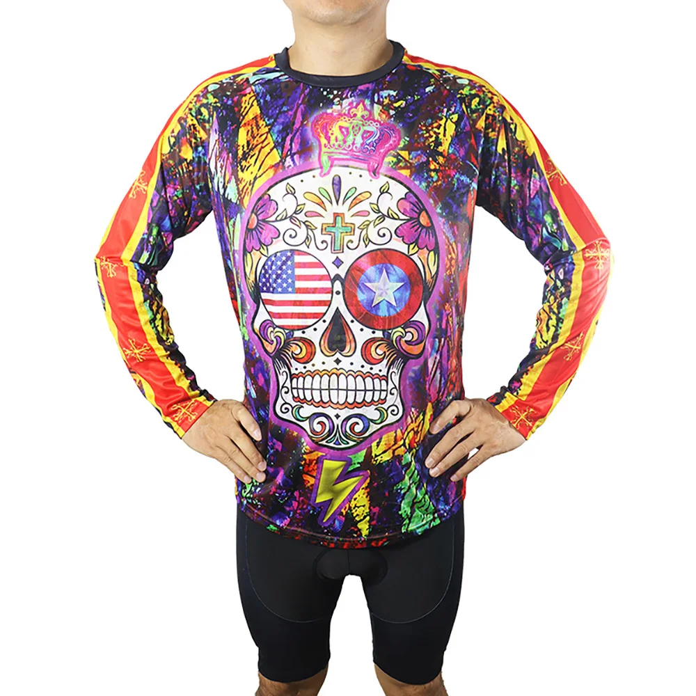 Long Sleeve Cycling Top for Men, MTB Jersey, USA Skull Ride Shirt, Motocross Run Clothes, Bicycle Wear Protection, Downhill Race