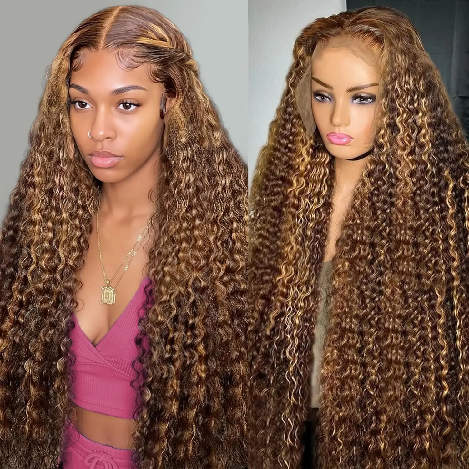 

Медовый блондин Парик из человеческих волос Ombre Highlight 4/27 Парики с глубокими волнами на шнуровке Вьющийся парик из человеческих волос 250% Плотность Кружевные фронтальные парики