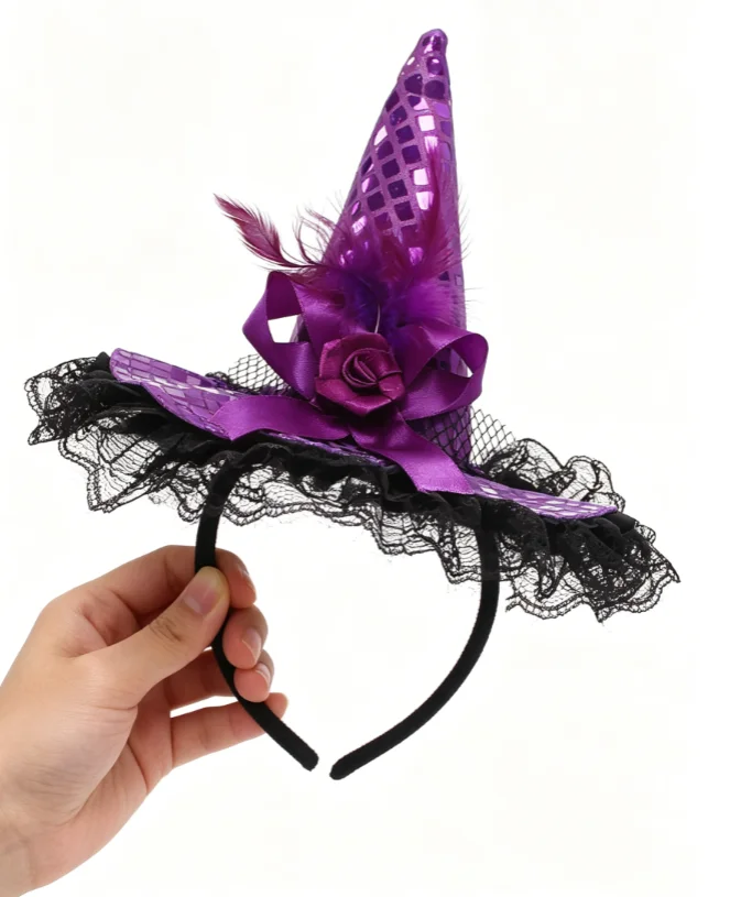 Halloween Witch Style Headband Lace Trim Sequin Accessories Masquerade Stage Show Party Fancy Photo Props Fashion Decor Headwear