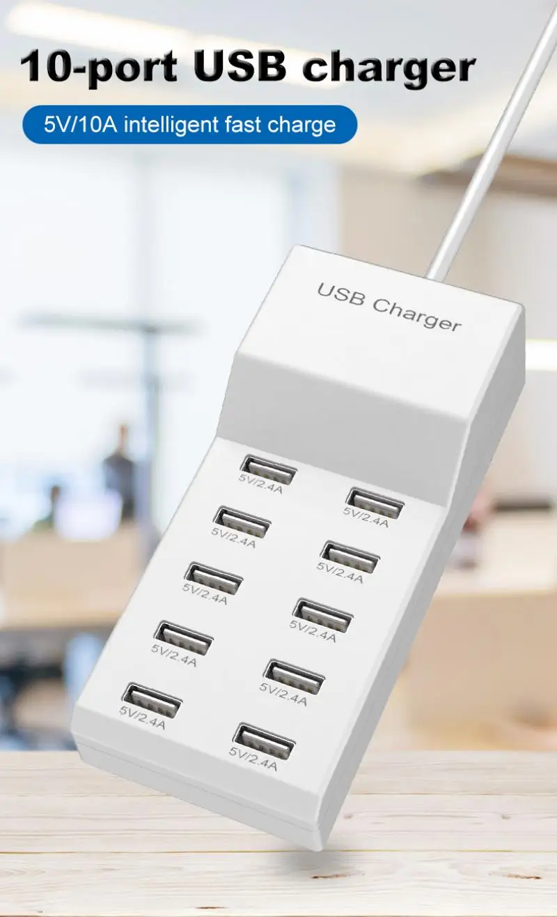 USB Charger 10-Port USB Charging Station for Multi Devices 50W USB Hub Adapter for iPhone Samsung Xiaomi Huawei Extension Socket