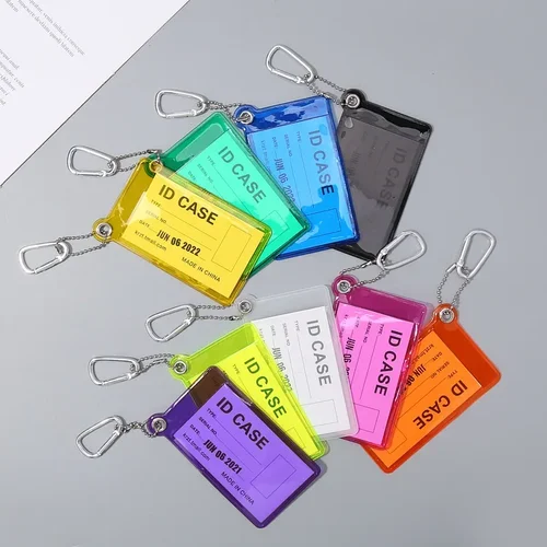 남녀공용 미니 비즈니스 커버 ID 백, 학생 식사 카드 액세스 카드 케이스, 캔디 컬러 PVC 투명 카드홀더, 키체인 포함 