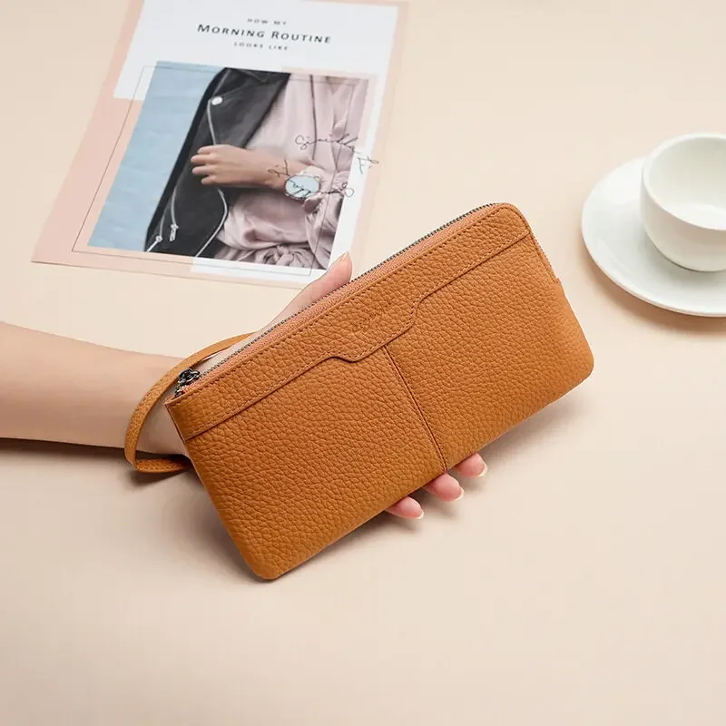 Lady Wristlets Long Wallet Cell Phone Holder Purse Real Leather Large Capacity Zipper Clutches for Men and Women with Hand Strap