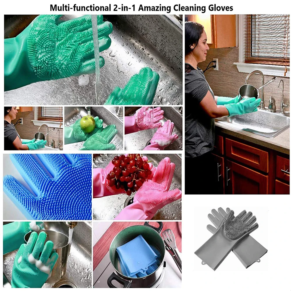 1Pair Dishwashing Cleaning Gloves Magic Silicone Scrub Rubber Dish Washing Glove Reusable Sponge Gloves Kitchen Cleaning Tools