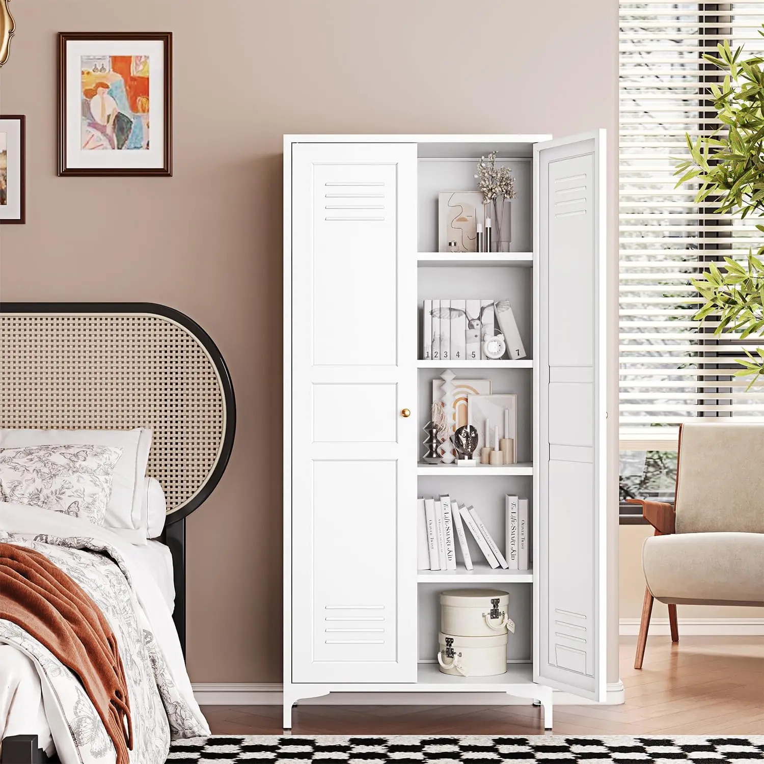 White Storage Cabinet with Metal Home Kitchen Pantry Cabinets with Doors and Adjustable Shelves,Organization Locker