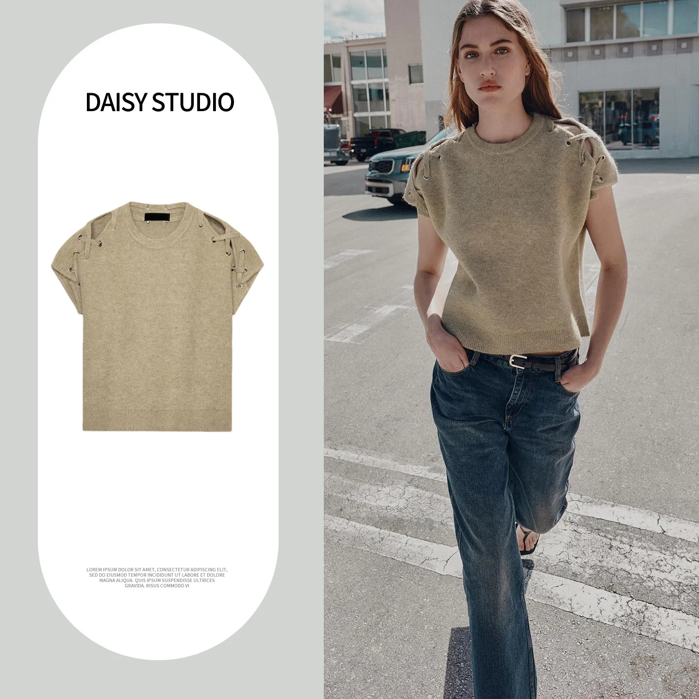 

Женский вязаный пуловер в британском стиле с коротким рукавом, круглым вырезом и декоративными элементами на плечах, плоская вязка, новинка весенней коллекции