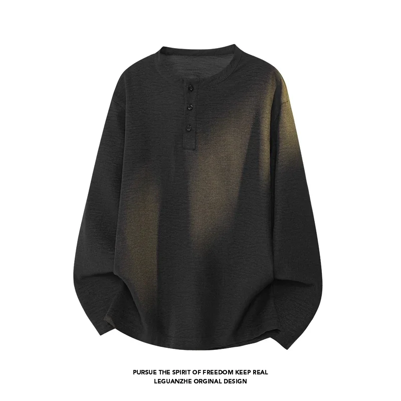 Mens Loose Henley Shirt Crew Neck Half Button Long Sleeve Textured Cloth Lightweight Outdoor Daily Commute Apparel